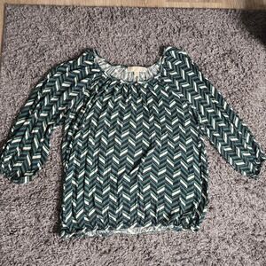 Michael Kors Womens Green Chevron Geometric Bubble Hem Blouse Top Size M